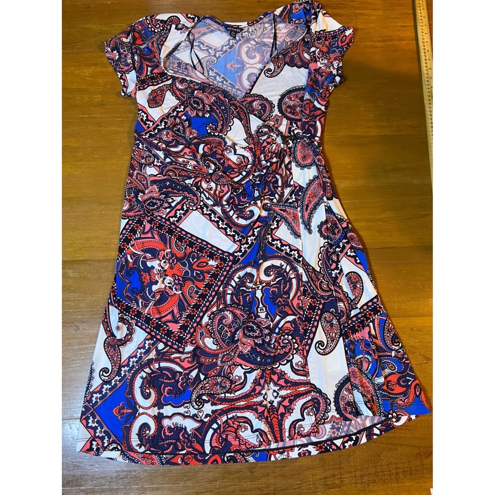 George Women LG 12-14 Spring Paisley Faux Wrap Stretch Short Sleeve Midi Dress